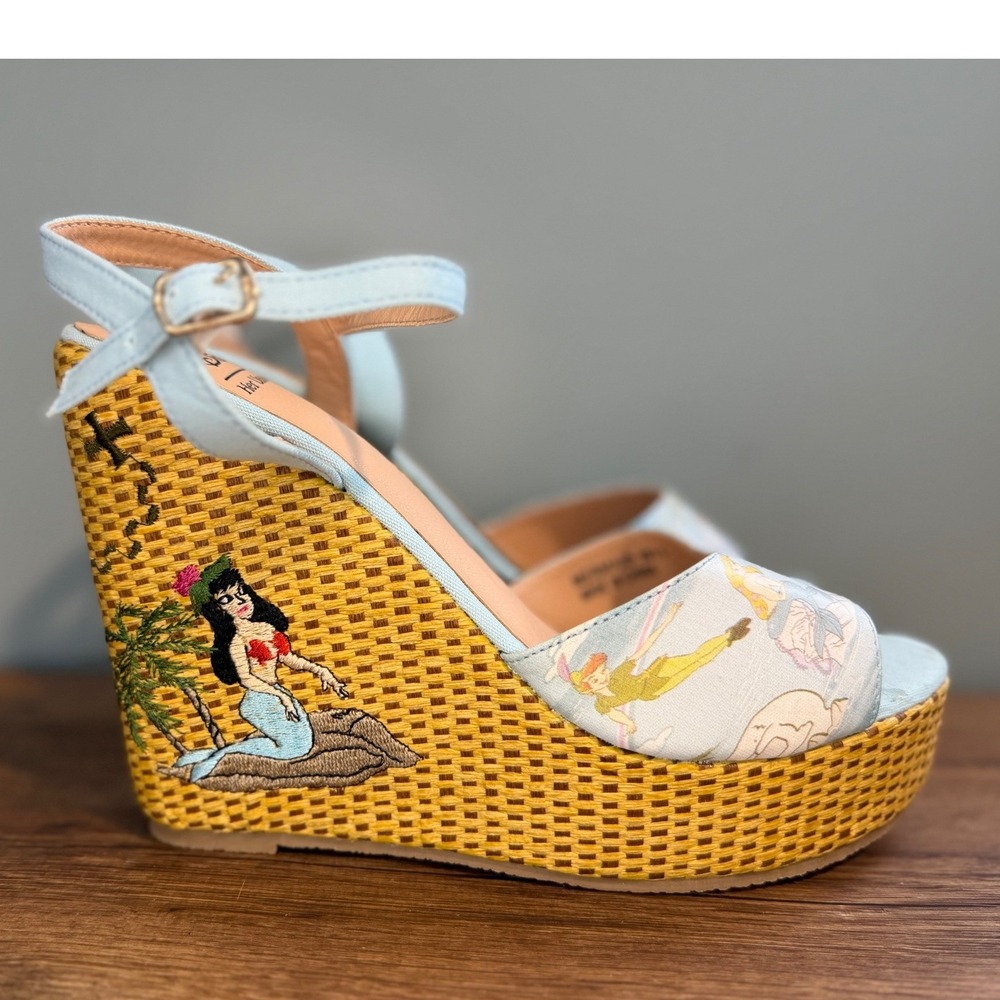 Her Universe Pale Blue and Yellow Tropical Embroidered Wedge Sandals